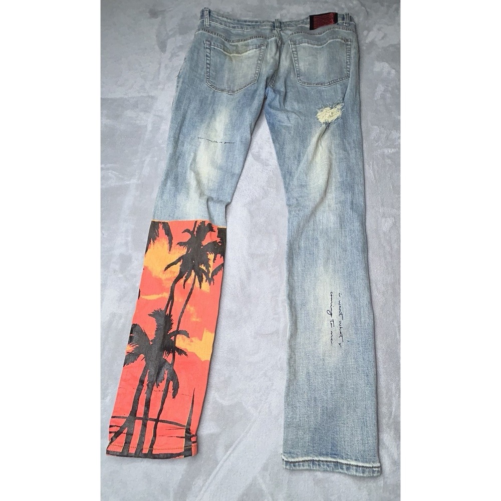 Serenede Jeans Light Blue Wash Size 36x32 Sunset Painting Leg Skinny Distressed - Picture 2 of 15